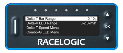 VBOX LapTimer showing the Predictive Lap Timing Menu with the Delta-T Bar Range option highlighted and set to 0-10s.
