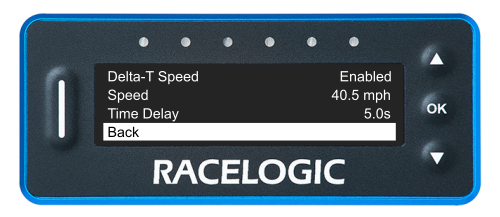 VBOX LapTimer showing the Delta-T Speed Menu with the Back option highlighted.