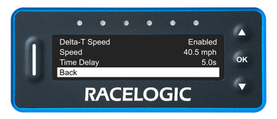 VBOX LapTimer showing the Delta-T Speed Menu with the Back option highlighted.