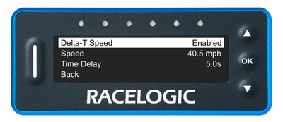 VBOX LapTimer showing the Delta-T Speed Menu with the Delta-T Speed option highlighted and enabled.