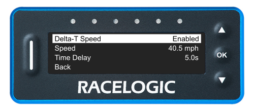 VBOX LapTimer showing the Delta-T Speed Menu with the Delta-T Speed option highlighted and enabled.