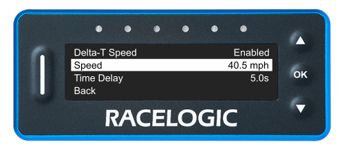 VBOX LapTimer showing the Delta-T Speed Menu with the Speed option highlighted and set to 40.5 mph.