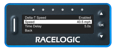 VBOX LapTimer showing the Delta-T Speed Menu with the Speed option highlighted and set to 40.5 mph.