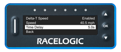 VBOX LapTimer showing the Delta-T Speed Menu with the Time Delay option highlighted and set to 5.0s.
