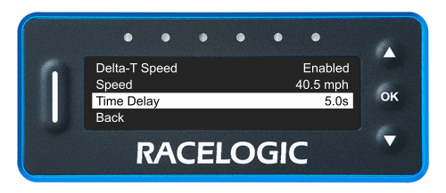 VBOX LapTimer showing the Delta-T Speed Menu with the Time Delay option highlighted and set to 5.0s.