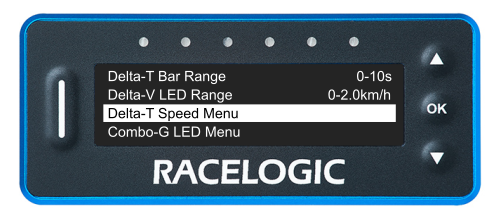 VBOX LapTimer showing the Predictive Lap Timing Menu with the Delta-T Speed Menu option highlighted.