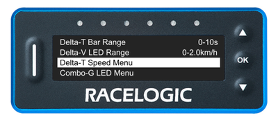 VBOX LapTimer showing the Predictive Lap Timing Menu with the Delta-T Speed Menu option highlighted.