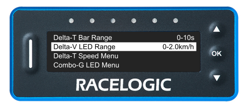 VBOX LapTimer showing the Predictive Lap Timing Menu with the Delta-V LED Range option highlighted and set to 0-2.0km/h.