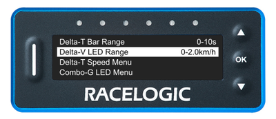 VBOX LapTimer showing the Predictive Lap Timing Menu with the Delta-V LED Range option highlighted and set to 0-2.0km/h.