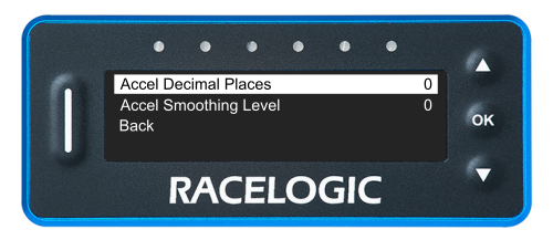 VBOX LapTimer showing the Accel Menu with the Accel Decimal Places option highlighted.
