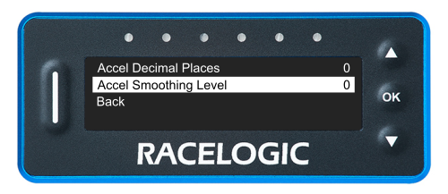 VBOX LapTimer showing the Accel Menu with the Accel Smoothing Level option highlighted.
