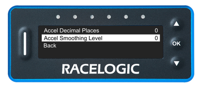 VBOX LapTimer showing the Accel Menu with the Accel Smoothing Level option highlighted.