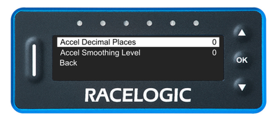 VBOX LapTimer showing the Accel Menu with the Accel Decimal Places option highlighted.