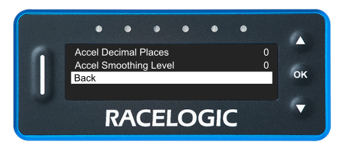 VBOX LapTimer showing the Accel Menu with the Back option highlighted.