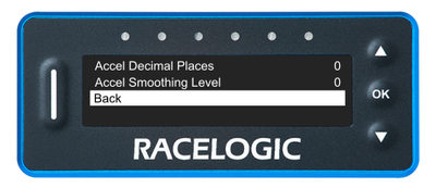 VBOX LapTimer showing the Accel Menu with the Back option highlighted.