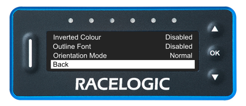 VBOX LapTimer showing the Main Menu with the Back option highlighted.