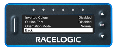 VBOX LapTimer showing the Main Menu with the Back option highlighted.