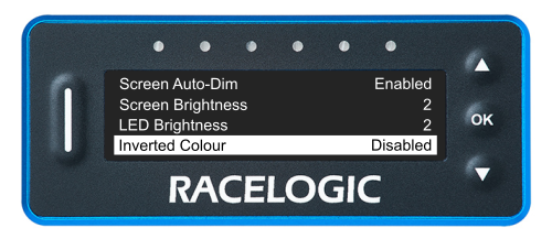 VBOX LapTimer showing the Main Menu with the Inverted Colour option highlighted and disabled. The screen is displaying the content as white text on a black background. 