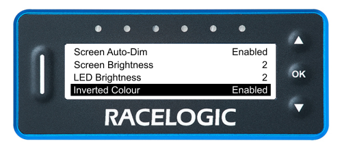 VBOX LapTimer showing the Main Menu with the Inverted Colour option highlighted and Enabled. The screen is displaying the content as black text on a white background. 