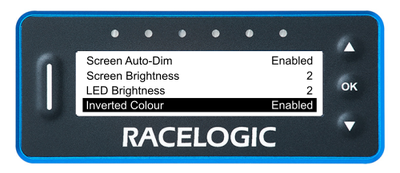 VBOX LapTimer showing the Main Menu with the Inverted Colour option highlighted and Enabled. The screen is displaying the content as black text on a white background. 
