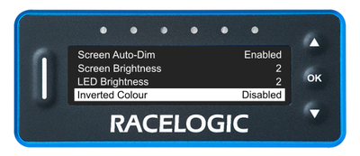 VBOX LapTimer showing the Main Menu with the Inverted Colour option highlighted and disabled. The screen is displaying the content as white text on a black background. 
