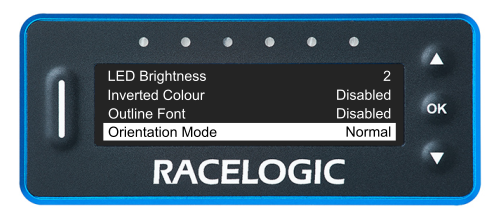 VBOX LapTimer showing the Main Menu with the Orientation Mode option highlighted and set to Normal.