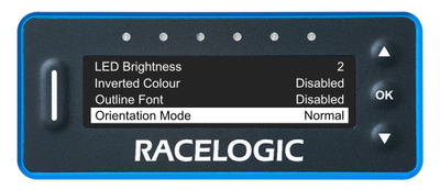 VBOX LapTimer showing the Main Menu with the Orientation Mode option highlighted and set to Normal.