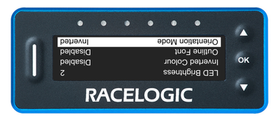 VBOX LapTimer showing the Main Menu with the Orientation Mode option highlighted and set to Inverted. The content on the screen is now displayed upside-down compared to the Normal Orientation Mode.