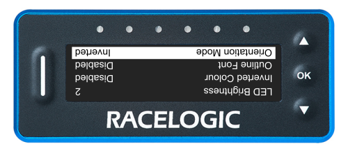 VBOX LapTimer showing the Main Menu with the Orientation Mode option highlighted and set to Inverted. The content on the screen is now displayed upside-down compared to the Normal Orientation Mode.