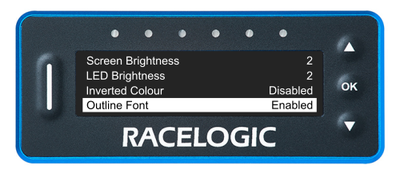 VBOX LapTimer showing the Main Menu with the Outline Font option highlighted and enabled.