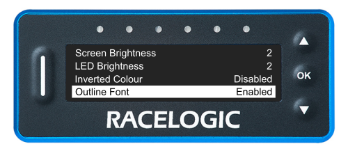 VBOX LapTimer showing the Main Menu with the Outline Font option highlighted and enabled.