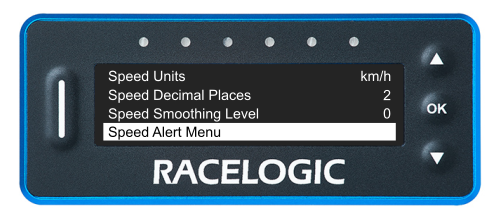 VBOX LapTimer showing the Speed Menu with the Speed Alert Menu option highlighted.