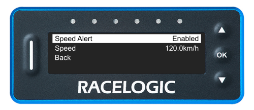 VBOX LapTimer showing the Speed Alert Menu with the Speed Alert option highlighted.