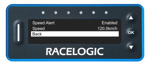 VBOX LapTimer showing the Speed Alert Menu with the Back option highlighted.