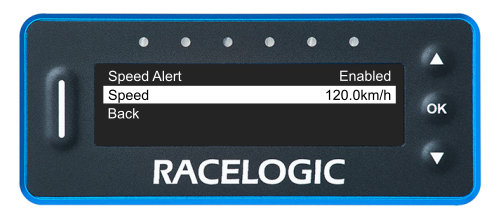 VBOX LapTimer showing the Speed Alert Menu with the Speed option highlighted.