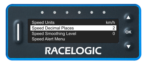 VBOX LapTimer showing the Speed Menu with the Speed Decimal Places option highlighted.