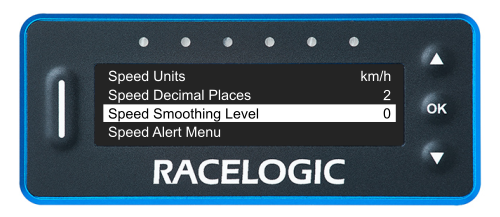 VBOX LapTimer showing the Speed Menu with the Speed Smoothing Level option highlighted.
