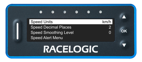 VBOX LapTimer showing the Speed Menu with the Speed Units option highlighted.