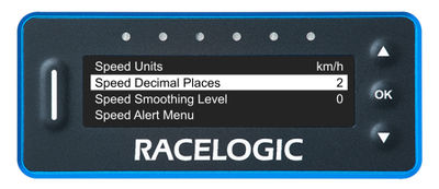VBOX LapTimer showing the Speed Menu with the Speed Decimal Places option highlighted.