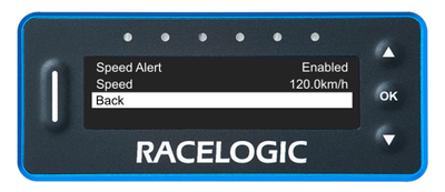 VBOX LapTimer showing the Speed Alert Menu with the Back option highlighted.