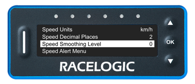 VBOX LapTimer showing the Speed Menu with the Speed Smoothing Level option highlighted.