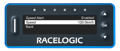 VBOX LapTimer showing the Speed Alert Menu with the Speed option highlighted.