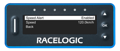 VBOX LapTimer showing the Speed Alert Menu with the Speed Alert option highlighted.