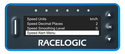 VBOX LapTimer showing the Speed Menu with the Speed Alert Menu option highlighted.