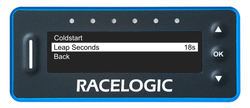 VBOX LapTimer showing the GNSS Menu with the Leap Seconds option highlighted.