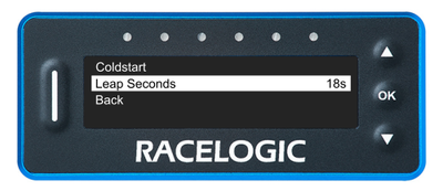 VBOX LapTimer showing the GNSS Menu with the Leap Seconds option highlighted.