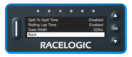 VBOX LapTimer showing the Lap Timining Menu with the Back option highlighted.