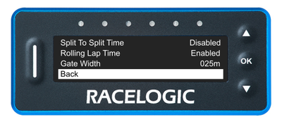 VBOX LapTimer showing the Lap Timining Menu with the Back option highlighted.