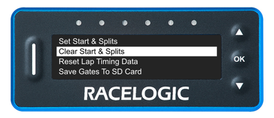 VBOX LapTimer showing the Lap Timing Menu with the Clear Start & Splits option highlighted.