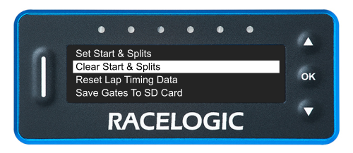 VBOX LapTimer showing the Lap Timing Menu with the Clear Start & Splits option highlighted.